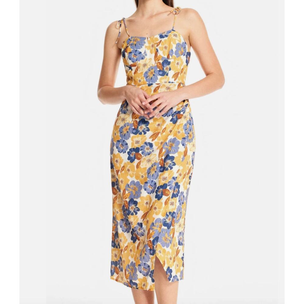 Cider Floral Midi Faux Wrap Dress Yellow & Blue Size S